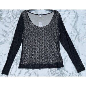 Bar III Womens Black Lace Long Sleeve Top 1X Nylon/Spandex Stretch Scoop Neck